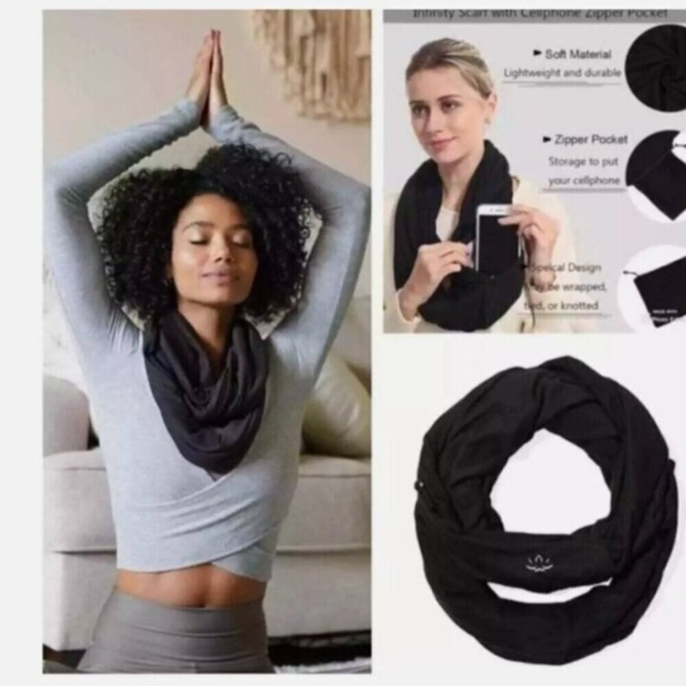 Beyond Yoga Woman's Black Packable Hidden Pocket Infinity Wrap Scarf